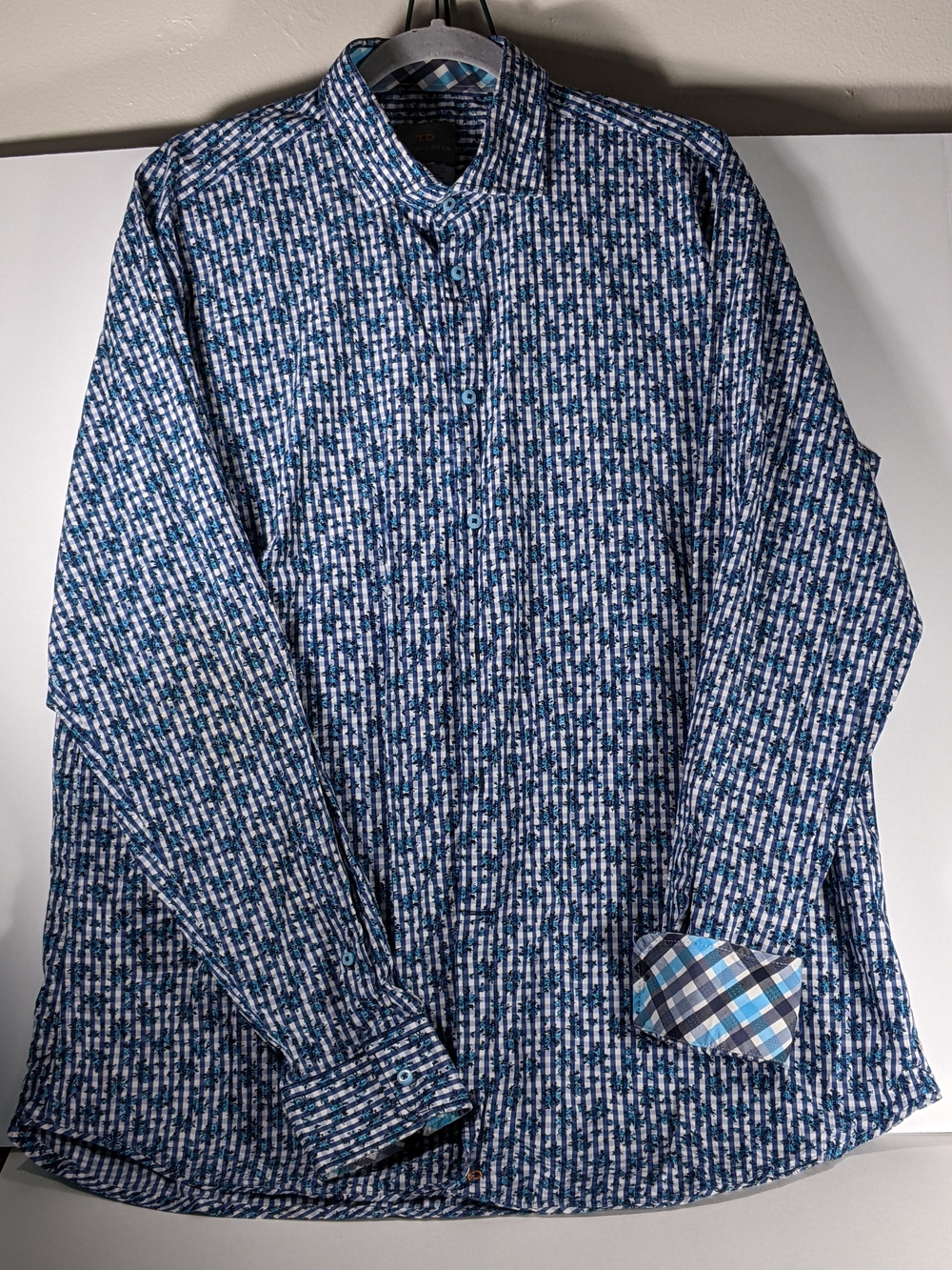 Thomas Dean Navy and White Geometric-Print Button-Down Shirt